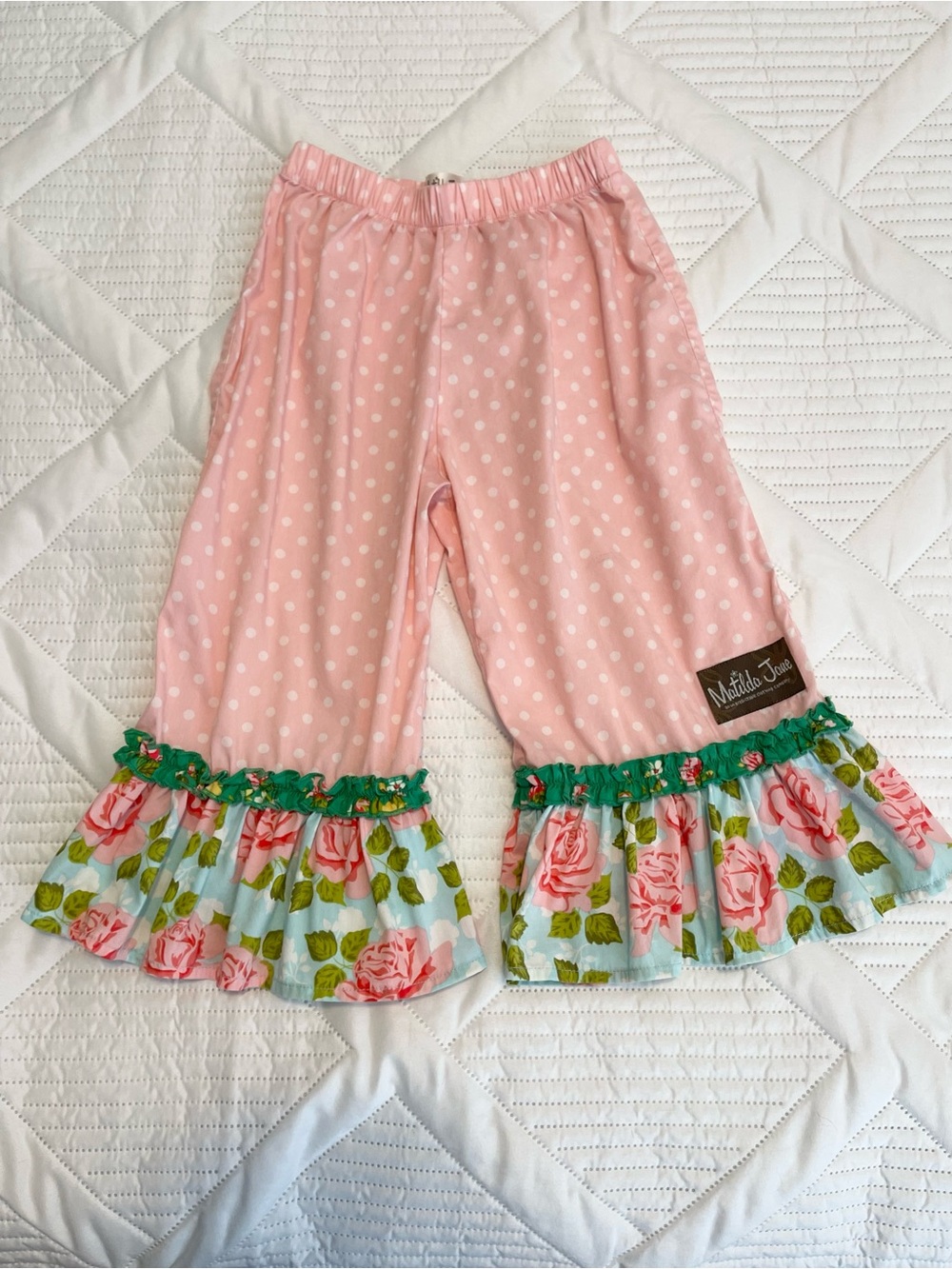 EUC Matilda Jane Pink Polka Dot & Floral Ruffle Kids Pants Size 2